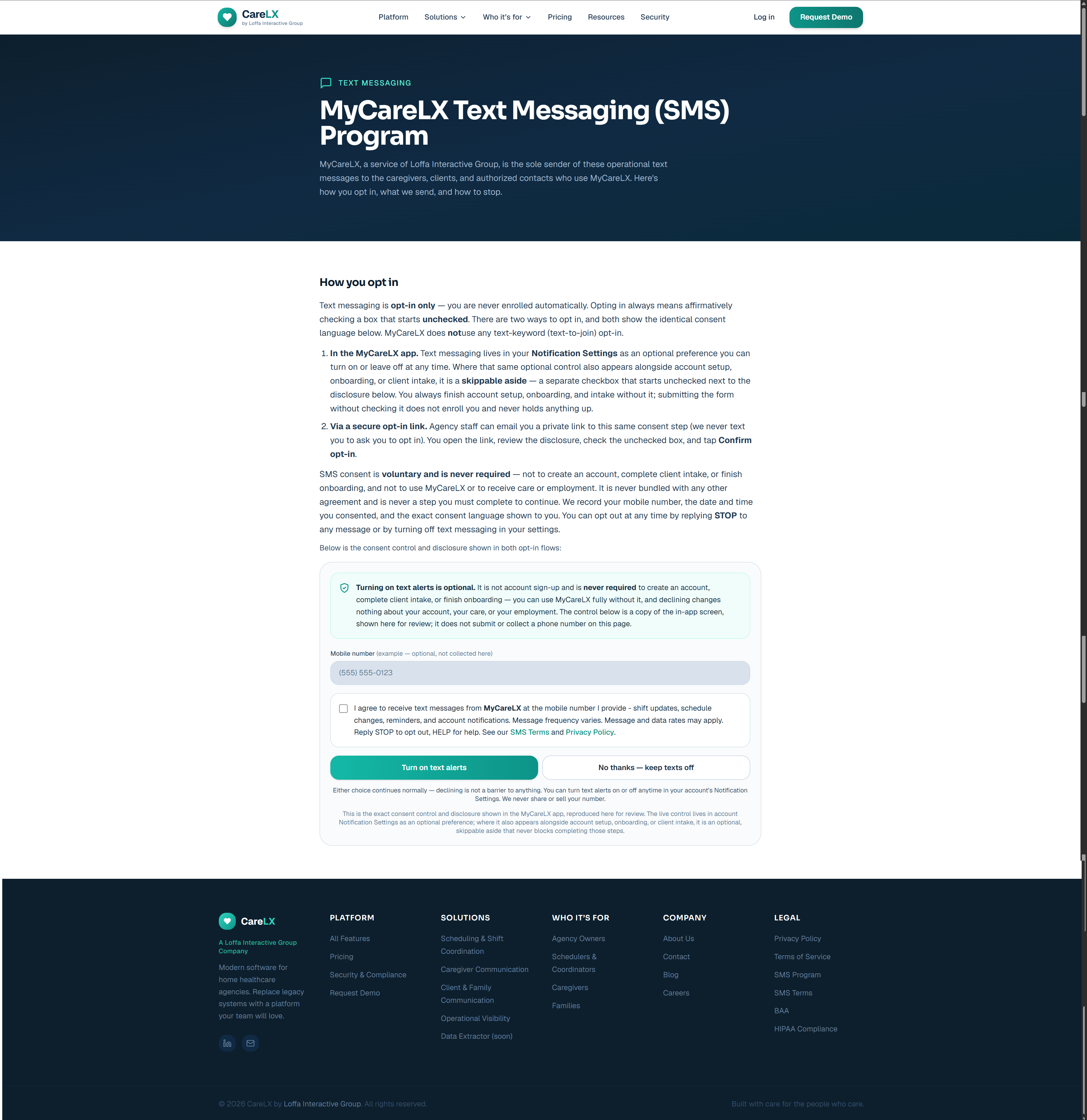 MyCareLX in-app SMS opt-in screen showing the unchecked consent checkbox and disclosure language